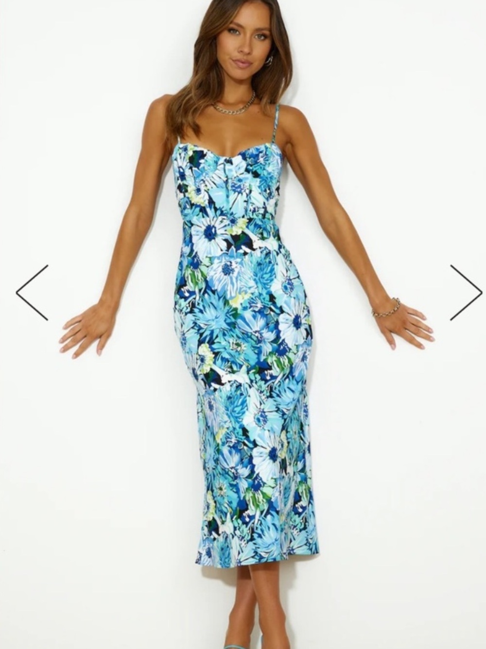 Hello Molly Blue Floral Midi Dress with Spaghetti Straps